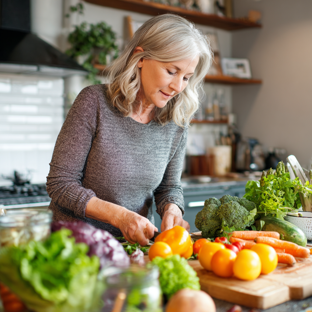 50 years old woman preparing healthy meal with fresh vegetables and fruits in modern kitchen