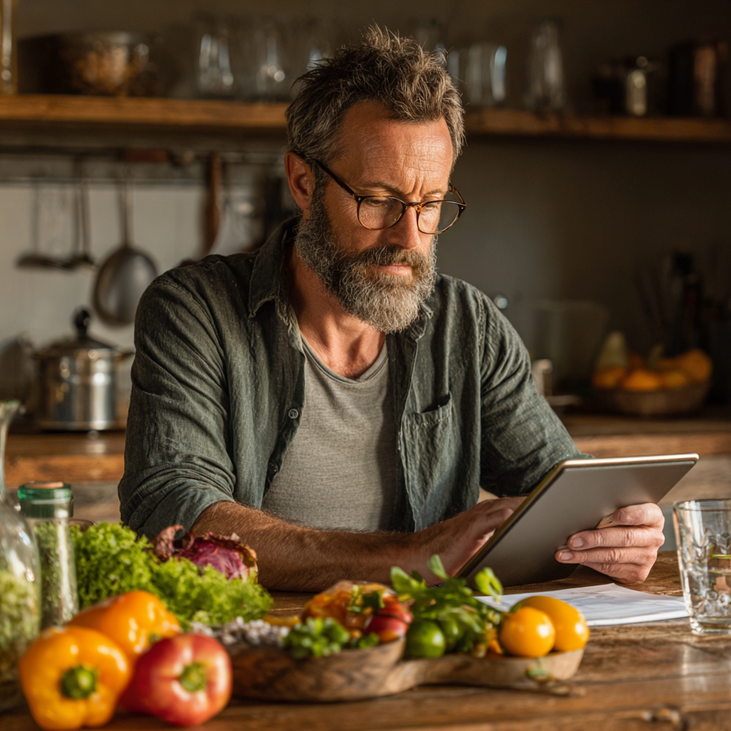 51 years old adult man reviewing personalized meal plan on tablet while sitting at wooden kitchen table
