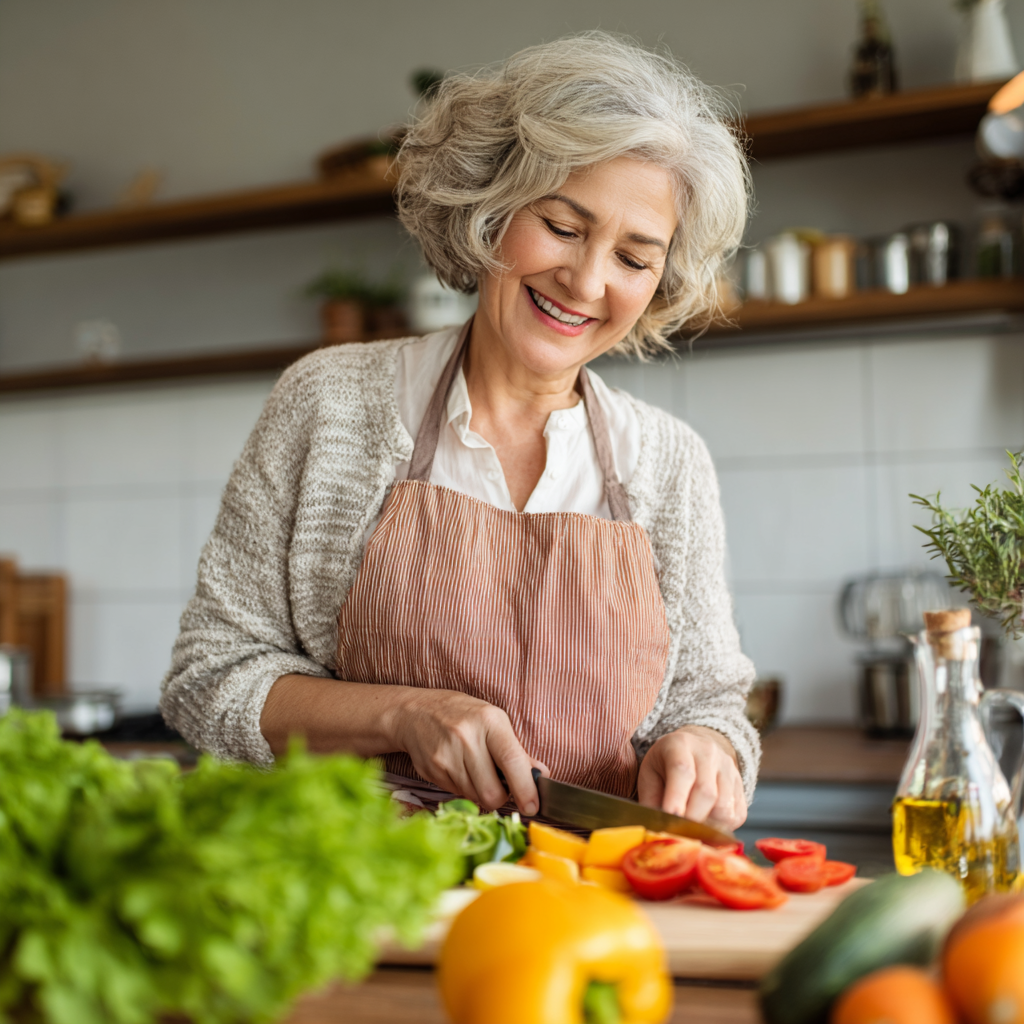 52 years old woman preparing colorful vegetable salad in bright kitchen looking happy and energetic