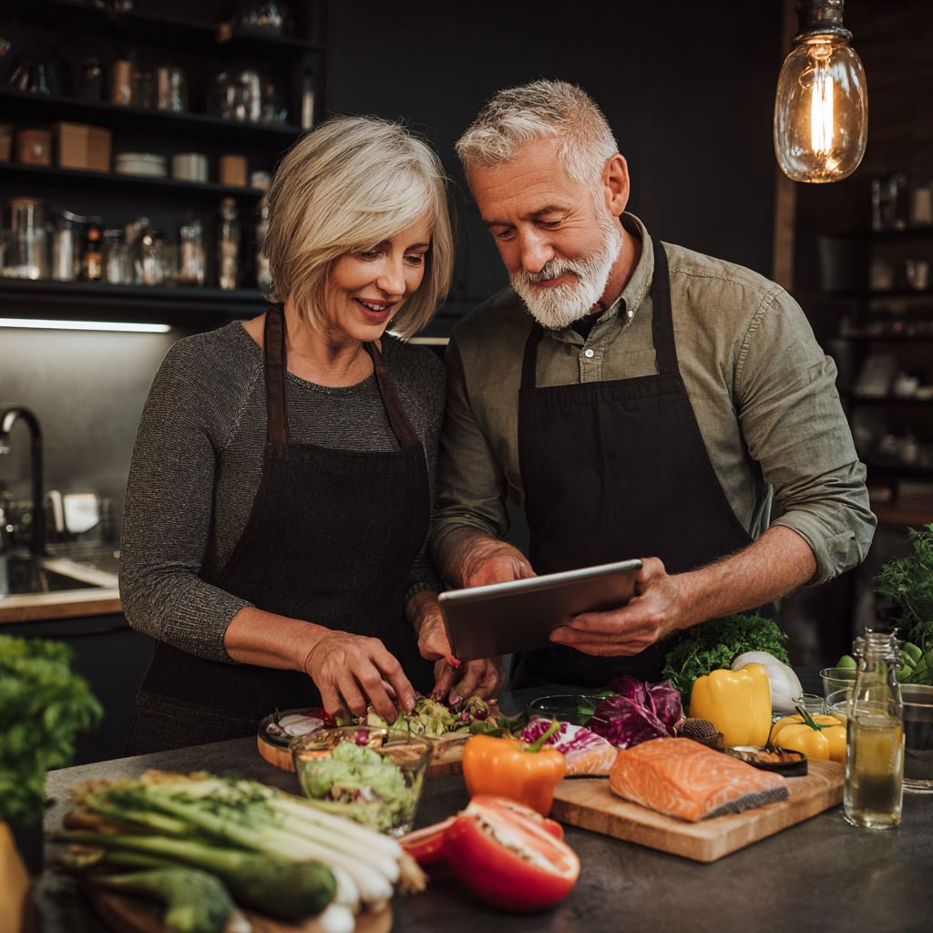 53 years old couple cooking together healthy meal using tablet with klimerdoth recipe in modern kitchen